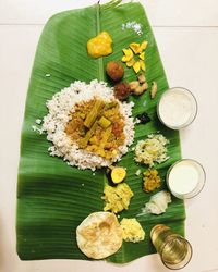 High angle view of food served on table