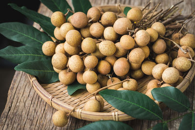 Close-up of fresh fruits in basket on table