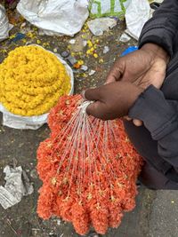 High angle view of man holding food