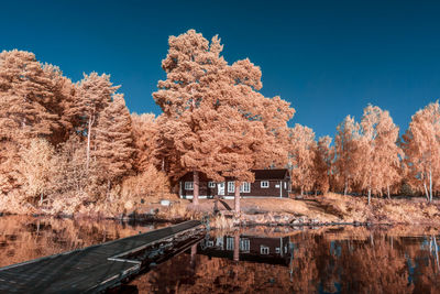 Scenic view of lake against clear blue sky