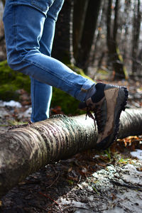 Low section of man walking over log in forest