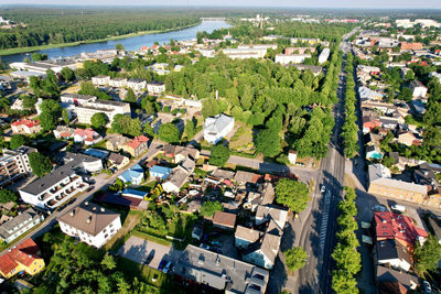 High angle view of buildings in town