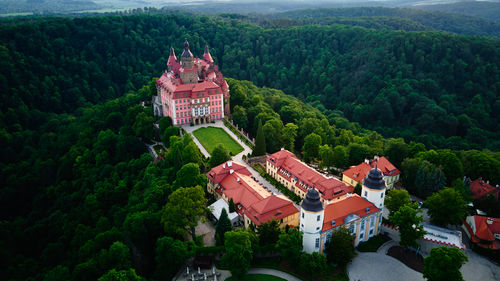 Aerial view of historic medieval castle surrounded by forest. ksiaz castle in walbrzych, poland