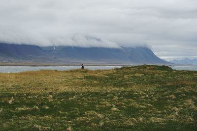 Woman by lake on grassy field against cloudy sky at snaefellsnes peninsula