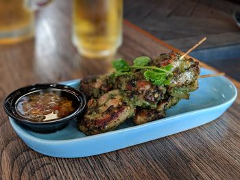 Close-up of food served on table