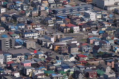 High angle view of buildings in city