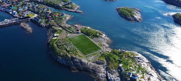 High angle view of bay against clear sky