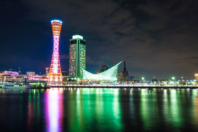 Illuminated modern buildings in city at night