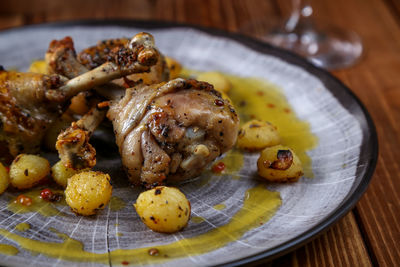 Close-up of food served in plate on table