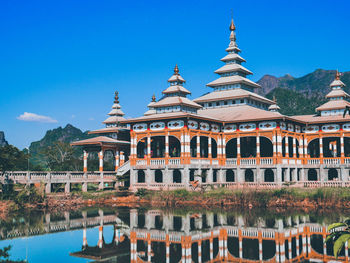 Temple building against clear blue sky