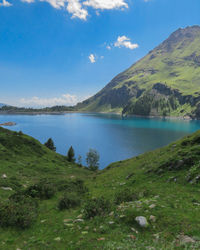 Scenic view of lake and mountains against sky