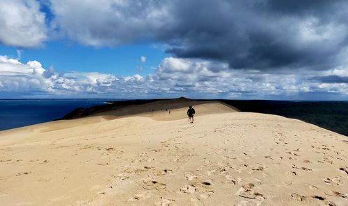 Rear view of man on beach against sky