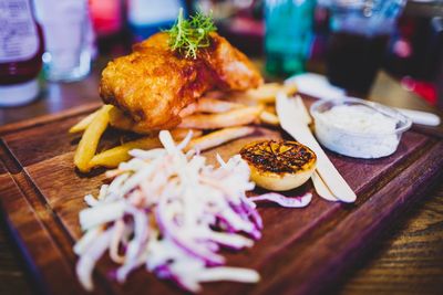 Close-up of meal served on table