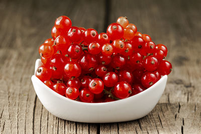 High angle view of strawberries in bowl on table