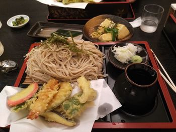 Close-up of food served on table