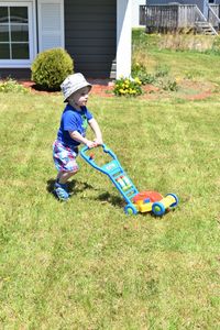 Boy playing in yard