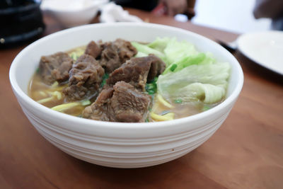 Close-up of soup in bowl on table