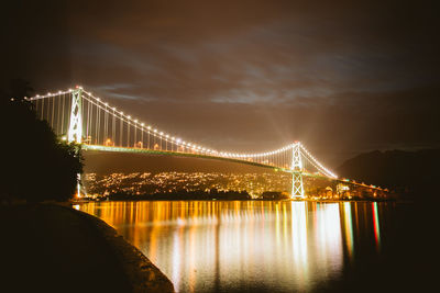 Illuminated suspension bridge over river against sky at night