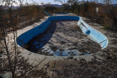 High angle view of abandoned boat on land