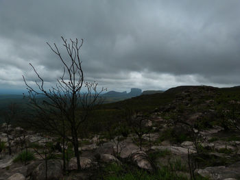 Scenic view of mountains against cloudy sky