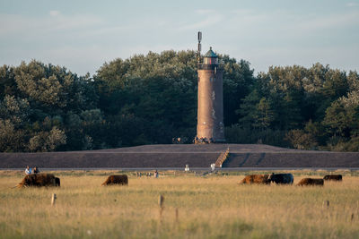 Lighthouse on field against sky