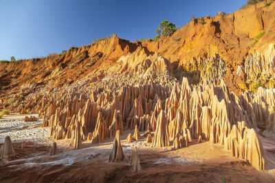 View of rocks on landscape against clear sky