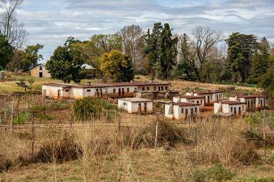 Houses on field by trees against sky