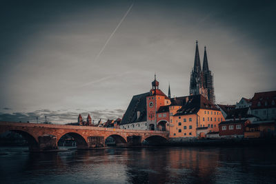 Bridge over river with buildings in background