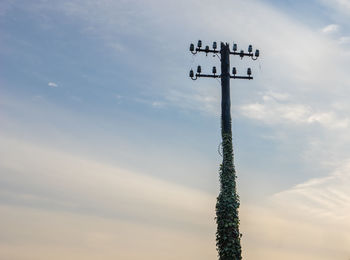 Low angle view of cross on wooden post against sky