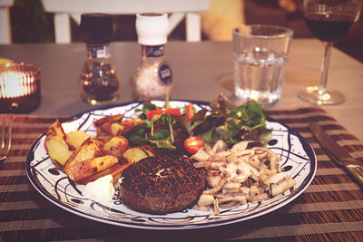 Close-up of meal served on table