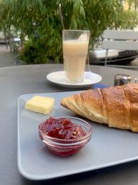 Close-up of breakfast served on table