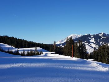 Snow covered landscape against blue sky