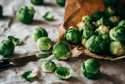 Close-up of brussels sprout on fabric