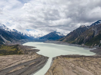 Aerial view of lake against mountain range