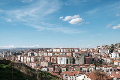 High angle shot of townscape against sky