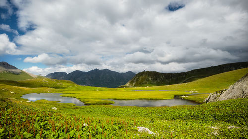 Scenic view of lake and mountains against sky