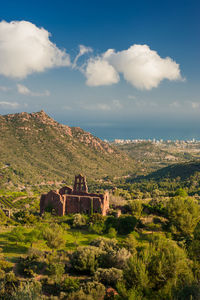 Old abbey in ruins, in the mountains overseeing the ocean.