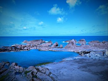 Scenic view of sea against blue sky