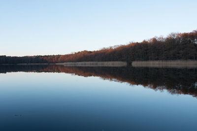 Scenic view of lake against clear blue sky