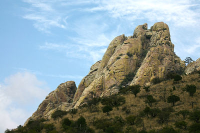 Low angle view of rock formations against sky