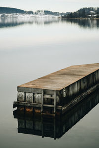 Wooden post on pier over lake