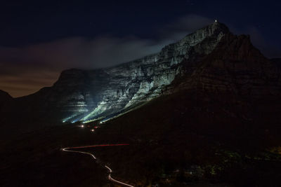 Scenic view of mountains against sky at night