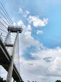 Low angle view of suspension bridge against sky