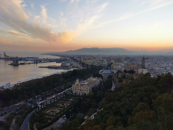 High angle view of townscape against sky during sunset