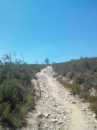 Empty road against clear blue sky