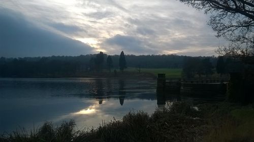 Scenic view of lake against sky at sunset
