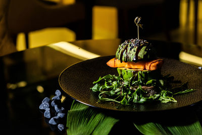 Close-up of food served on table