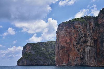 Rock formations by sea against sky