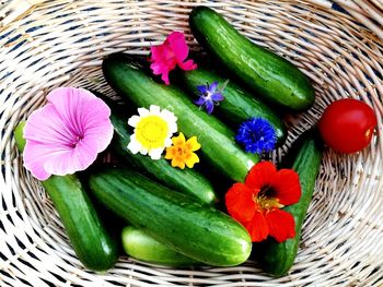 High angle view of multi colored flowers in basket