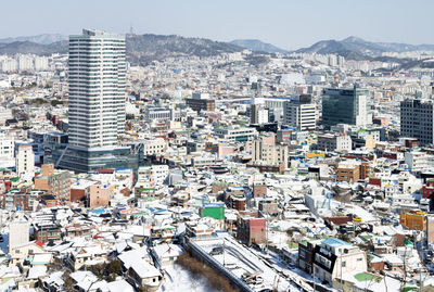 High angle view of cityscape against sky